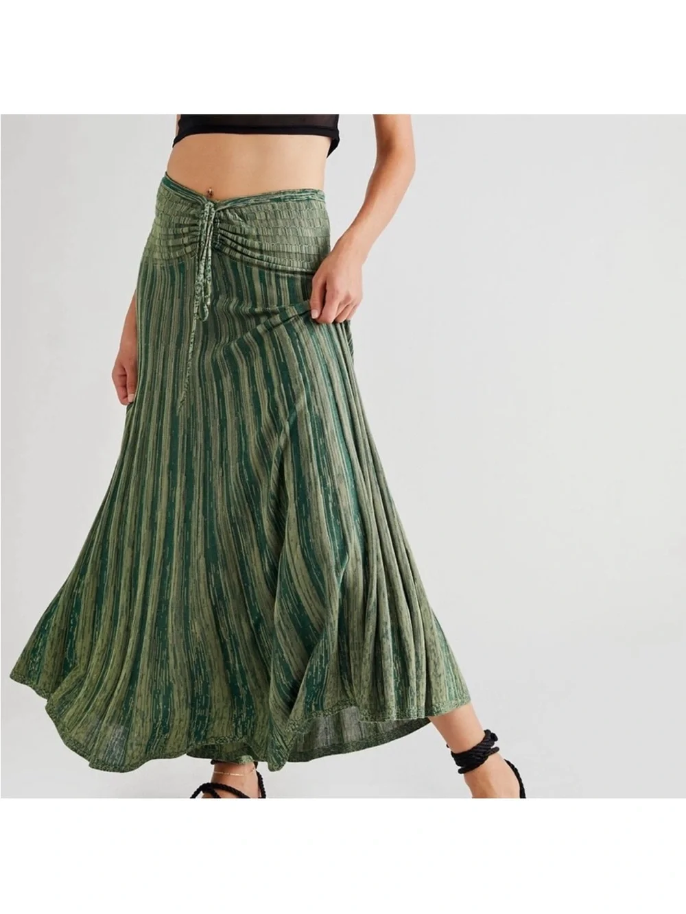 Free People Green Silvia Sweater Convertible Maxi Skirt Crinkled Pleated Boho M - Picture 2 of 10